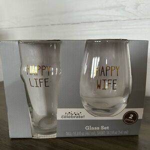 Happy Wife/Happy Life 18 oz Wine Glass/16 oz Beer Glass Set
